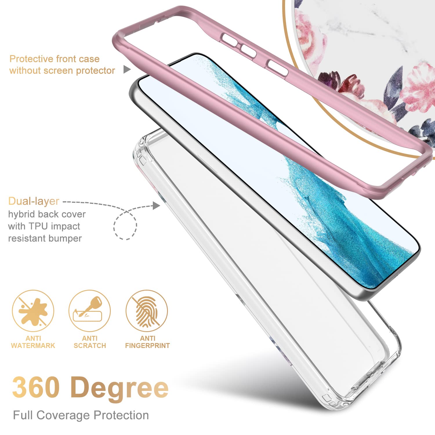 Esdot Galaxy S23 Plus Case 6.6 ''   Military Grade, 21Ft Drop Test Passed, Rugged & Slim Floral Design, Pink Flowers Leaves